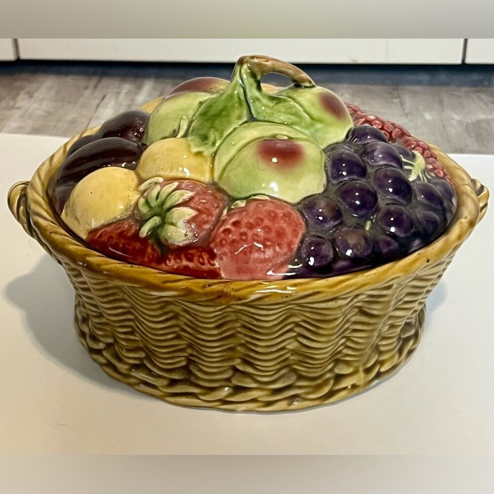 Vintage 1920s Sarreguemines Majolica Fruits Ceramic Basket Lidded Dish